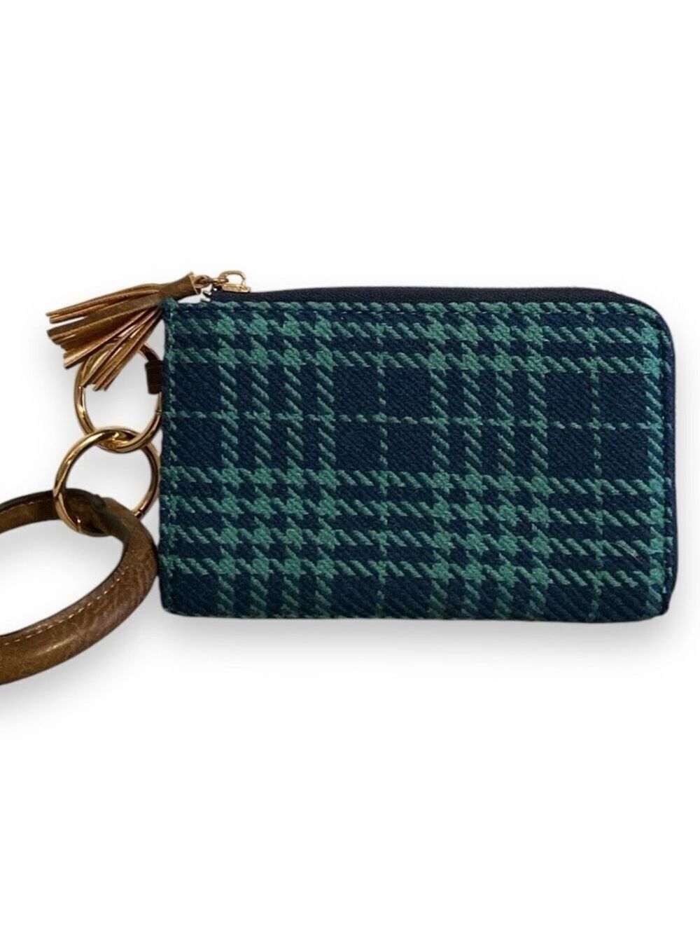 Plaid Wristlet Tassel Fringe Gold Tone Green & Blue